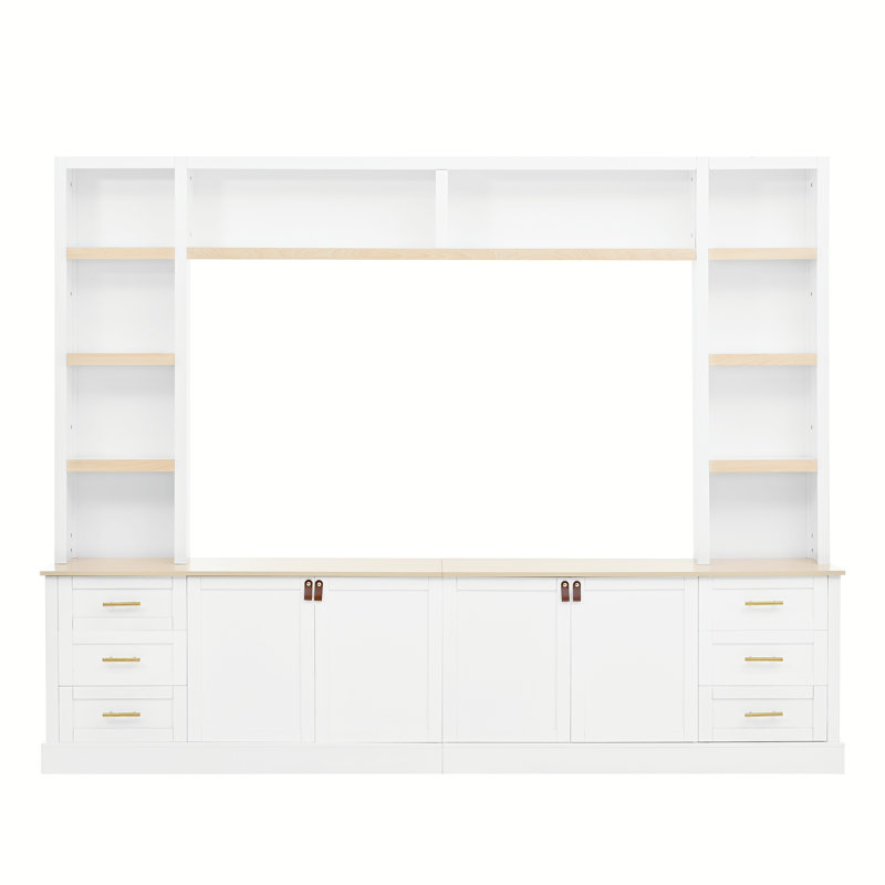 Meuble télé mural de style ferme 4 pièces avec étagères réglables, meuble télé de style milieu du siècle avec bibliothèque pour téléviseurs jusqu'à 70 pouces, console multimédia élégante avec 6 tiroirs pour salon