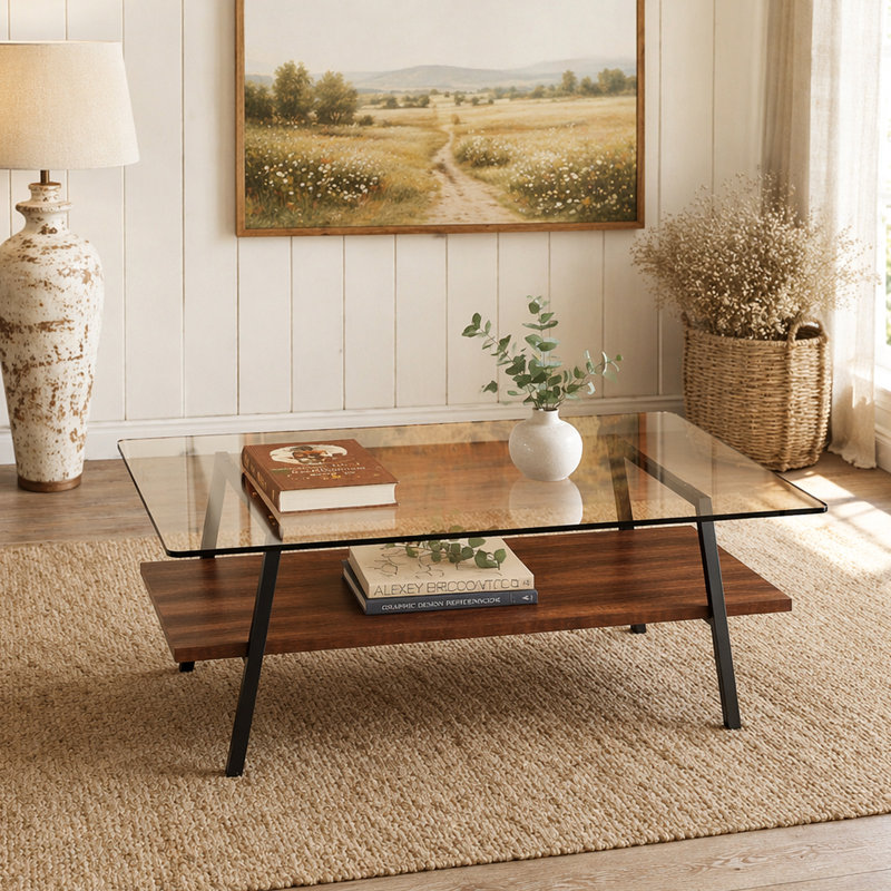 Table basse rectangulaire, plateau de table en verre trempé avec pieds en métal, Brown, Brown/Black