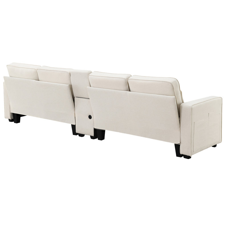 114,2 po rembourré avec console, 2 porte-gobelets, ports, lin, 4, pour la maison salon console et rembourré 4, tissu en lin, structure en bois massif robuste, rembourrage en éponge haute,