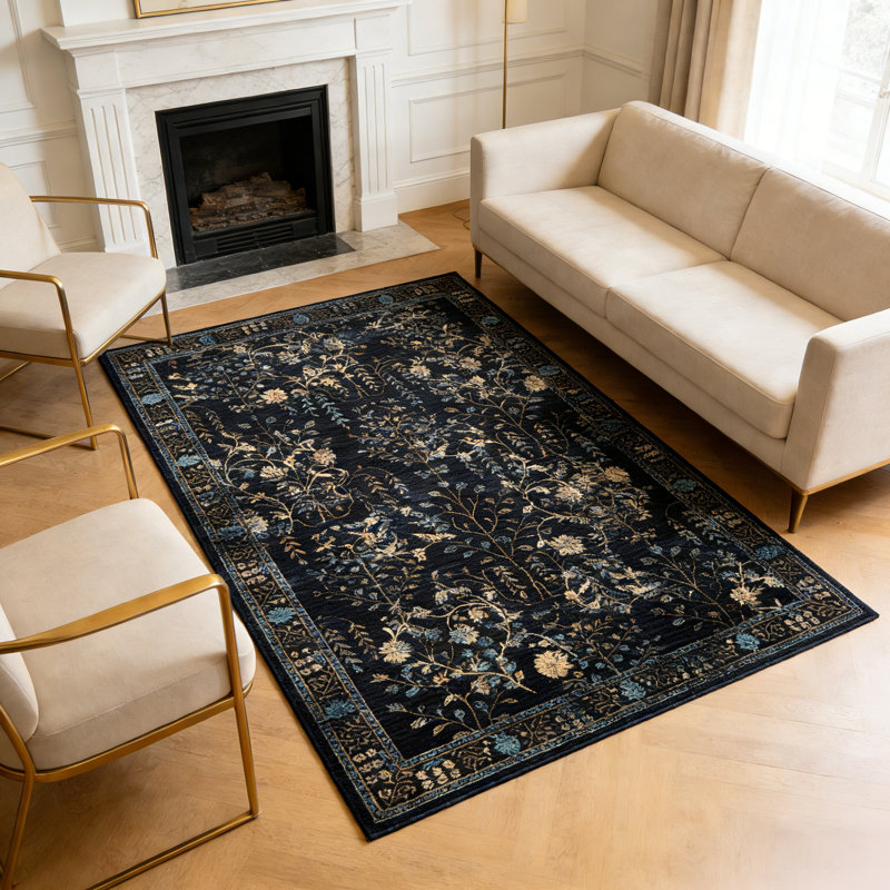 8x10 Area Rug for Living Room, Vintage Retro Boho Rug, Washable Non Slip & Low Pile Carpet for Living Room, Bedroom, Dining Room, Black