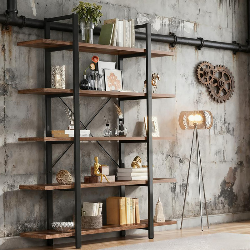 Très grande bibliothèque à 5 niveaux avec tablettes rustiques réglables pour les livres et la décoration.