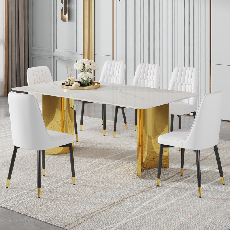 Luxurious Dining Table Set With Marble Pattern Glass Top And Golden Legs