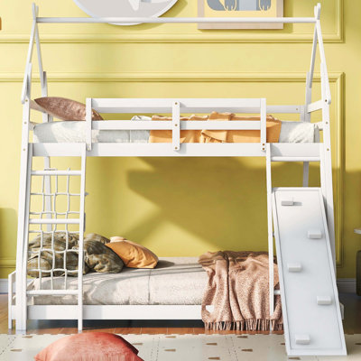 Lit superposé simple au-dessus de la grande maison avec filet d'amusement et rampe d'escalade, blanc