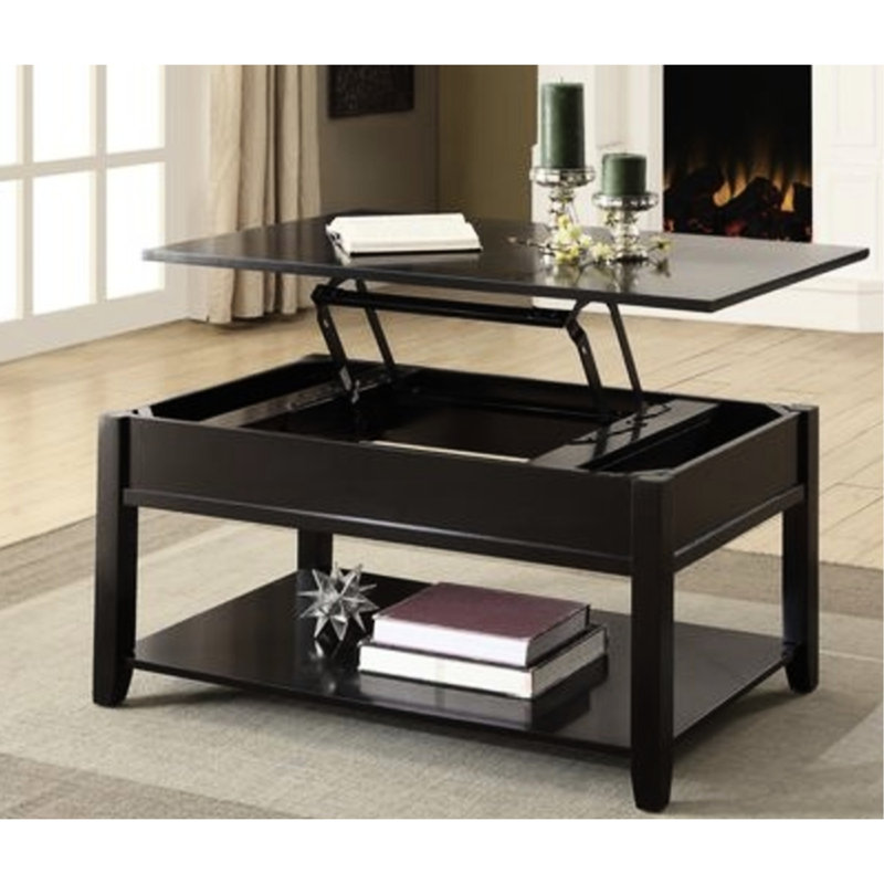 Table basse à plateau relevable noir avec plateau en bois et compartiments de rangement cachés