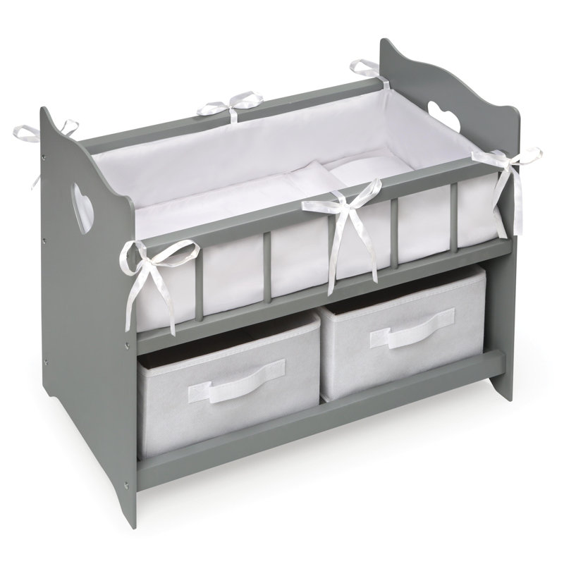 Executive Gray and White Wooden Doll Crib with Storage Baskets