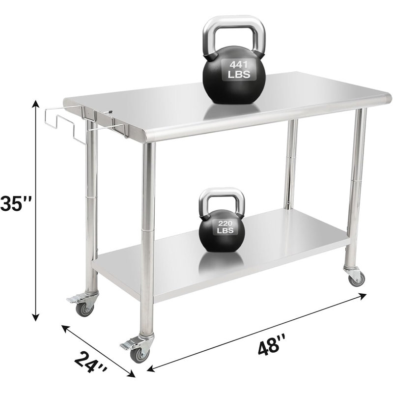 Table commerciale en acier inoxydable, table de préparation robuste avec tablette inférieure pour espaces de travail polyvalents, table de travail polyvalente avec dosseret et crochets pour la cuisine