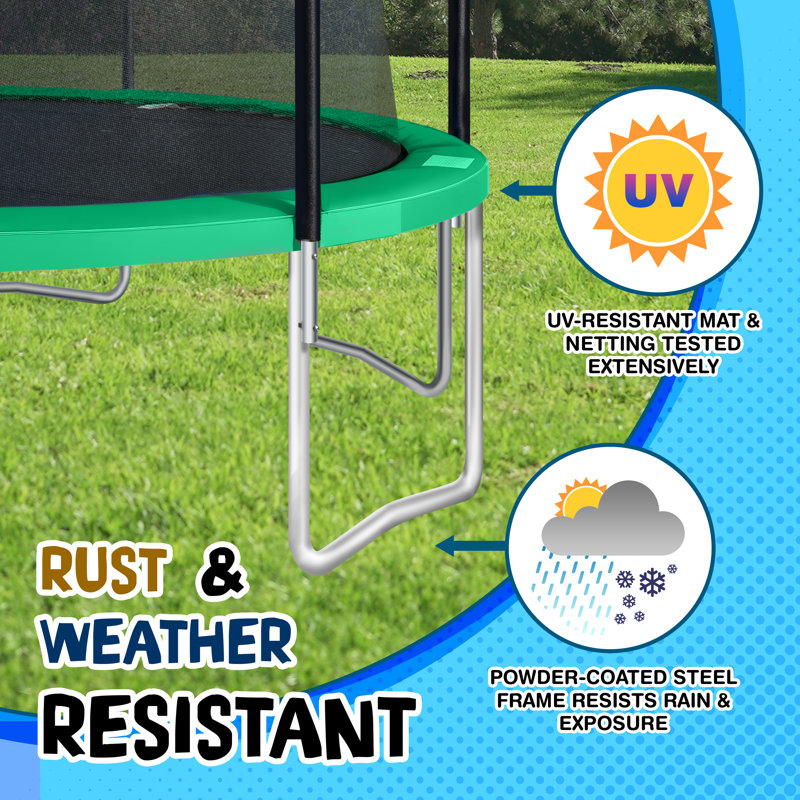 14-Foot Green Round Trampoline with Safety Enclosure