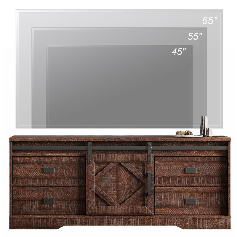 Modern Farmhouse TV Stand For 65" TV With Barn Door & Rub Through Distressing, Wood Entertainment Center With Drawers And Storage Cabinet For Living Room,Rustic Brown