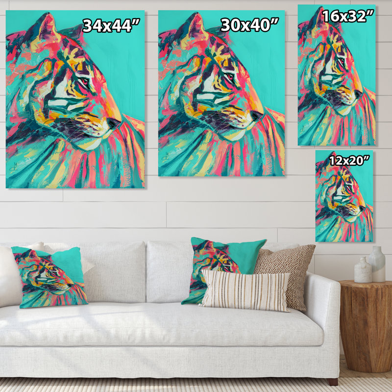 Pop Art turquoise et tigre rose - décoration murale moderne en toile, H 20 po x l 12 po x P 1,5 po, Toile tendue