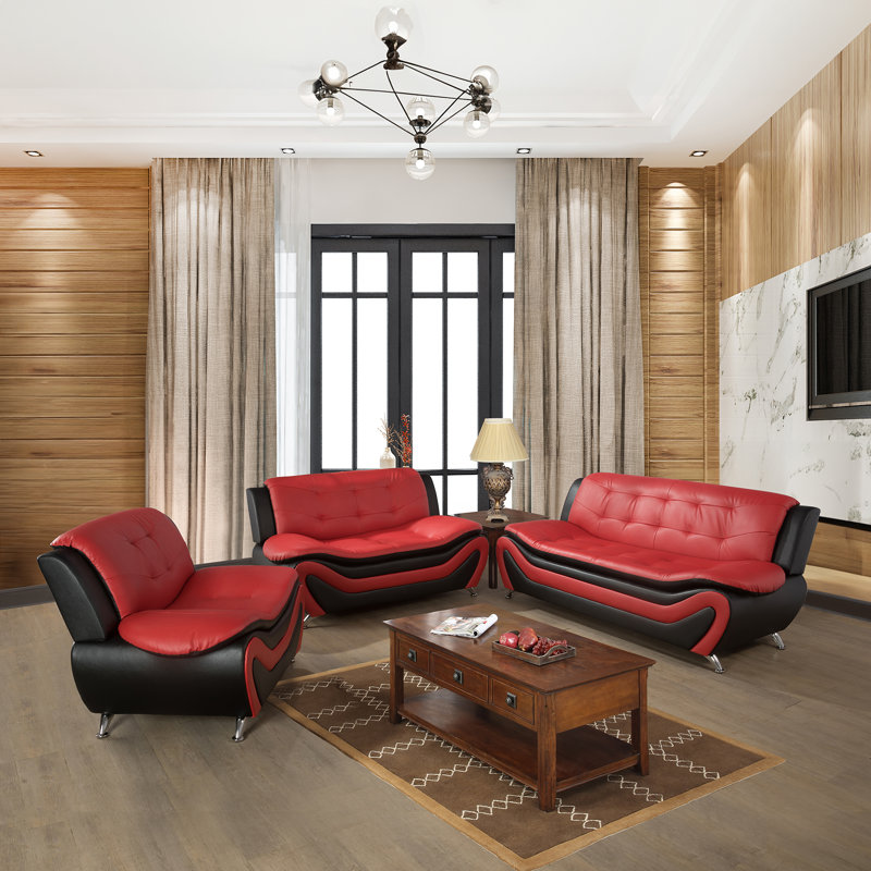 Hozie 3 - Piece Faux Leather Living Room Set, Black/Red Faux Leather