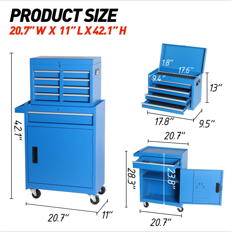Coffre à outils, armoire de rangement à outils à 5 tiroirs avec coffre à outils amovible, doublure, roues verrouillables universelles, tablette réglable, mécanisme de verrouillage, chariot à outils en métal pour atelier de garage