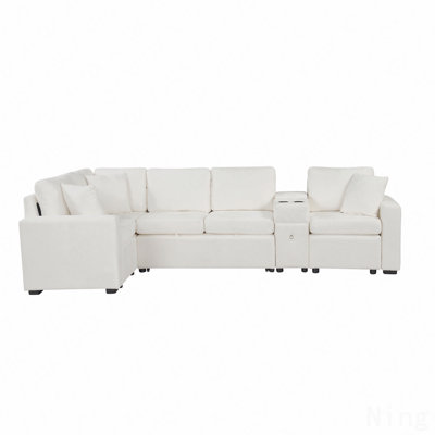 120.5" L-Shaped Convertible Sofa Bed Modular Sectional Sofa Reversible Sleeper With Pull-Out Bed, Cup Holders, And Ample Storage Space For Living Room, White