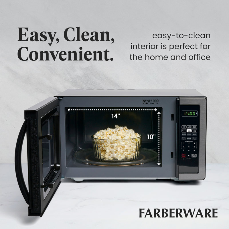Farberware Classic Countertop Microwave Oven, 1.1 Cubic Feet cu. ft., 1000 watts, with Child Lock, Black Stainless Steel