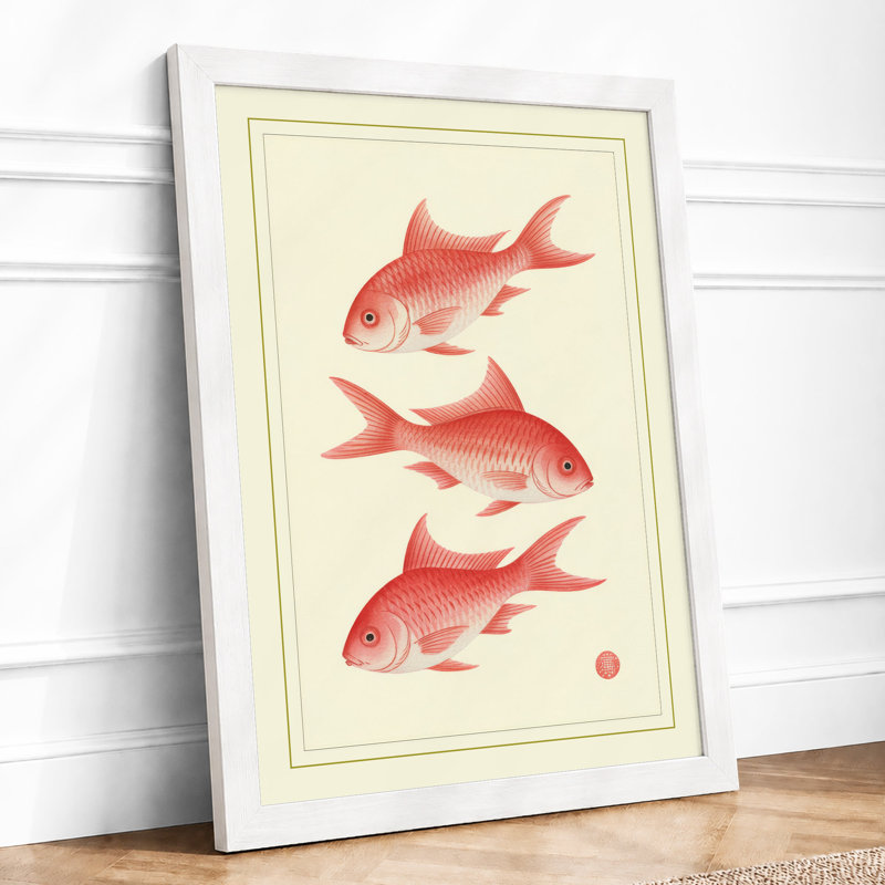 Three Goldfish Study Japandi - Framed Print, A3 - 42.0 x 29.7 cm, White
