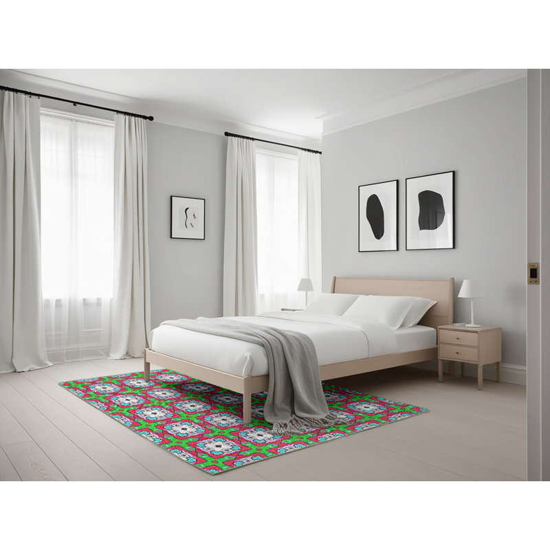 Tapis décoratif vert géométrique, Rectangle 5 pi x 7 pi
