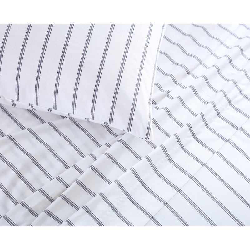 Rennes Percale Striped Sheet Set, Ivory, Queen Sheet Set with Fitted Sheet and Pillowcase