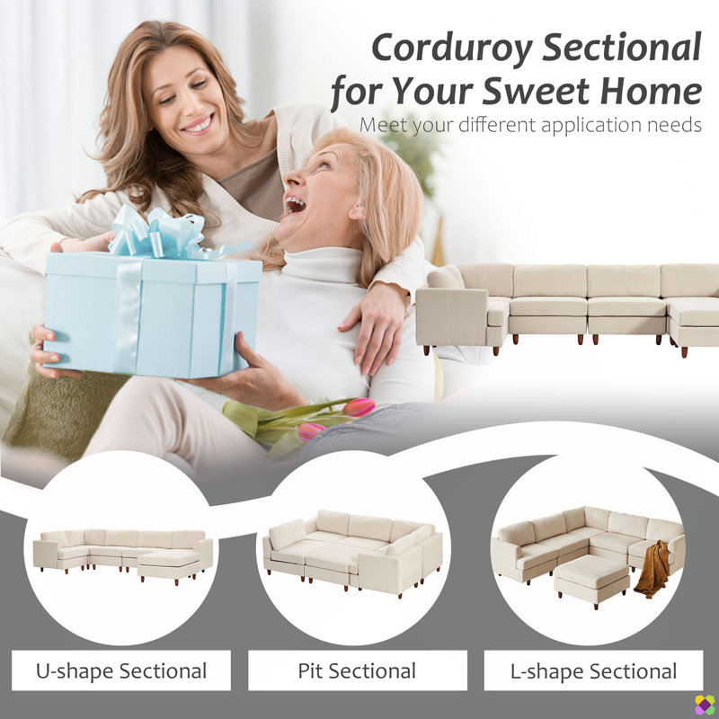 Wartow 95.6"W Modular Corduroy L-shape U-shape Sectional, Beige Corduroy