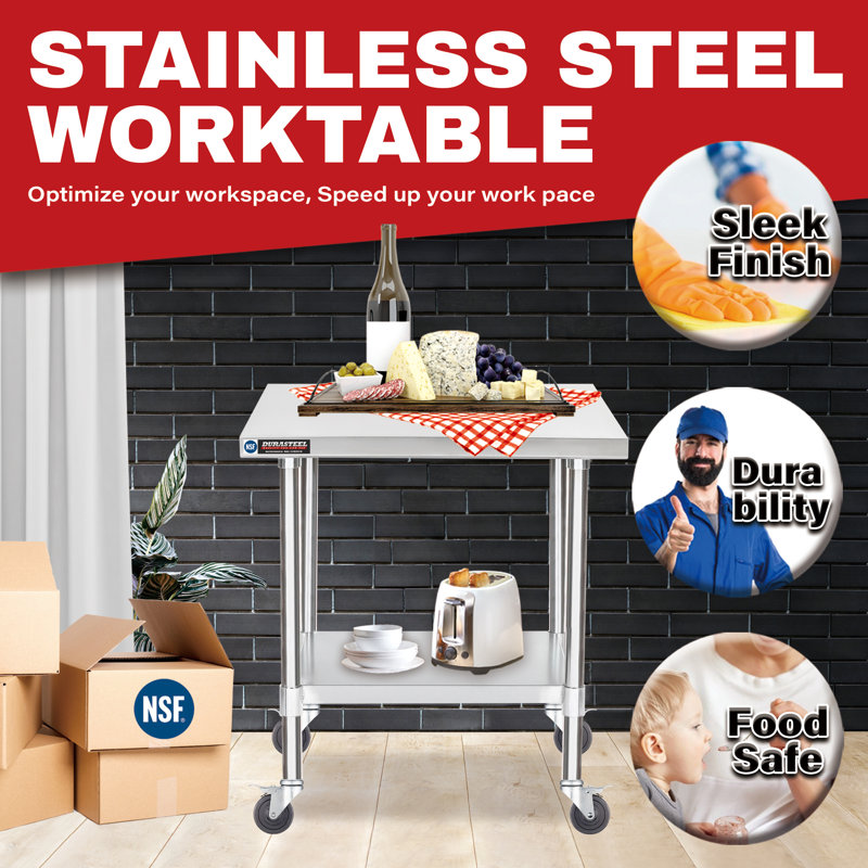 Stainless Steel Rectangular Movable Table Cart with Undershelf