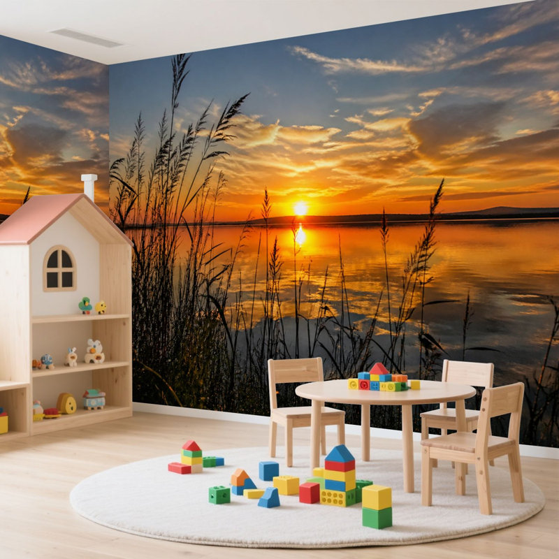 Papier peint adhésif autocollant Sunset Calm Lake Silhouetted Reeds Orange Sky, L 99,6 po x l 144 po