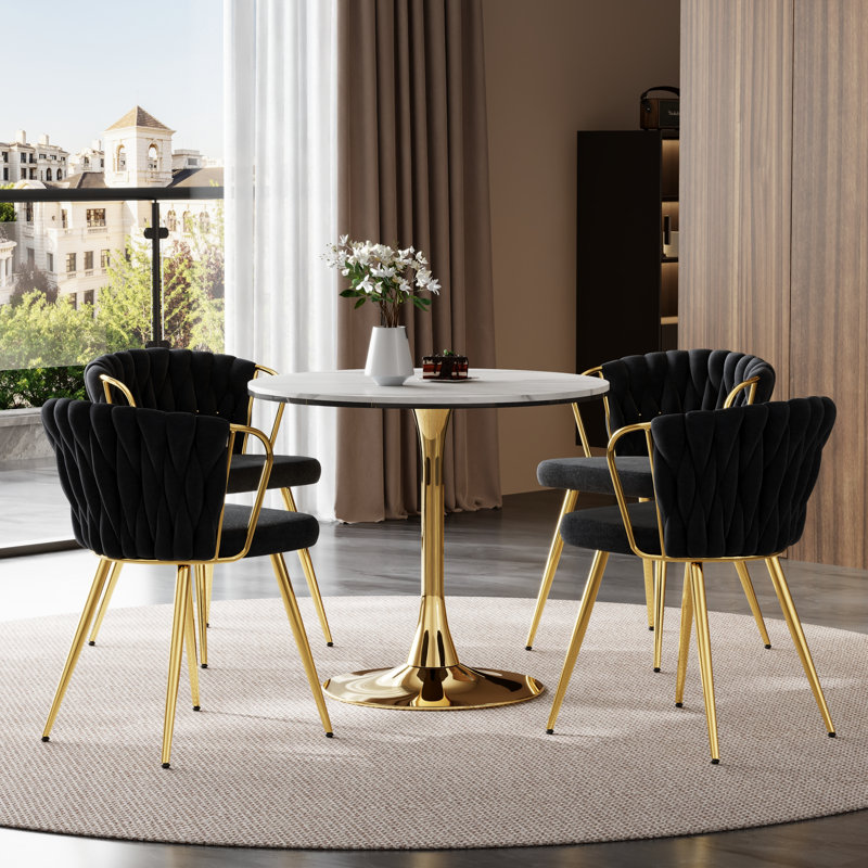 Marble Top Pedestal Dining Set, 5, Black/Gold