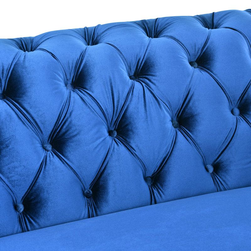 Canapé Chesterfield de 89 po en velours capitonné à boutons avec 2 coussins et pieds en métal, Bleu