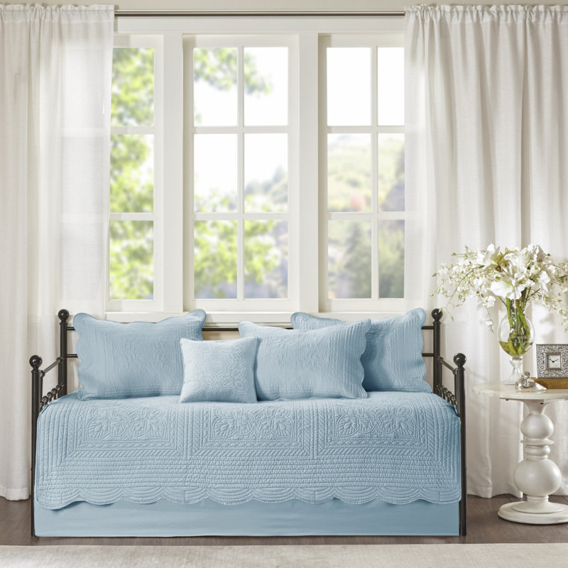 Ensemble de literie réversible 6 pièces en polyester matelassé style campagnard pour lit de jour simple, bleu