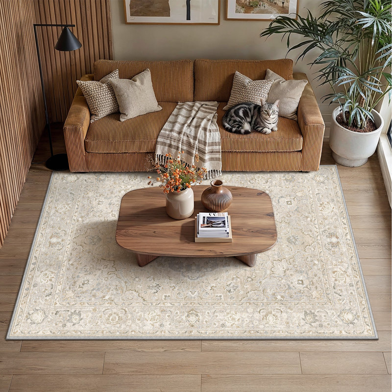 Tapis persan rétro Velora avec lavable à la machine et antidérapant, Ivory, Rectangle 3 pi x 5 pi