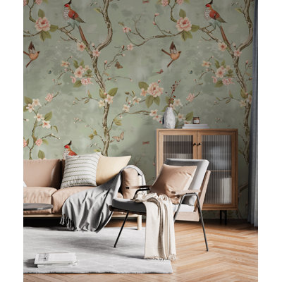Papier peint botanique avec papillons et oiseaux vert sauge