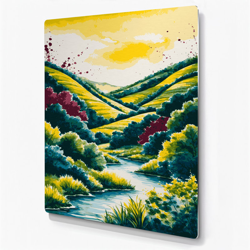 Aquarelle, paysage, 24, art mural en métal jaune, H 14 po x l 11 po
