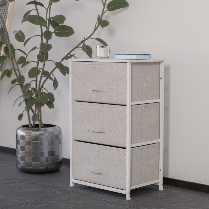 Colne 3 Drawer Vertical Storage Dresser with Wood Top & Fabric Pull Drawers, White/Light Gray