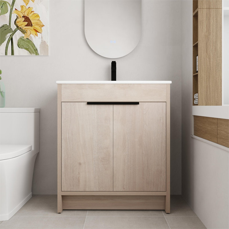 Kinslie 30'' Single Bathroom Vanity with Ceramic Top，2 Soft Close Doors and 1 Adjustable Shelf, Beige, 30"