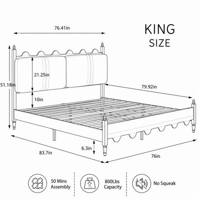 Structure de grand lit avec tête de lit tapissier, pieds en bois massif et motif festonné rétro