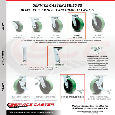 6 Inch Green Poly on Steel Caster Set with Ball Bearings 2 Swivel Lock 2 Brake/SCC-30CS620-PUB-GB-BSL-2-TLB-2
