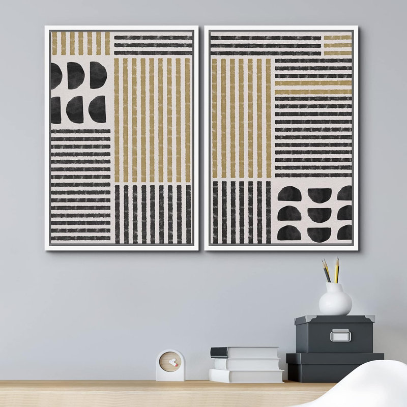Motif géométrique noir et jaune et demi-cercles de formes abstraites modernes sur toile, 2 pièces, Cadre flottant blanc