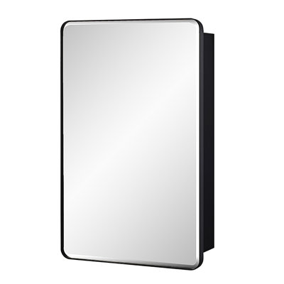Black Bathroom Mirror Medicine Cabinet with Round Corner Framed Door and Beveled Edge mirror 15 x 25 inch, Recessed or Surface Mount, with Adjustable Glass shelves