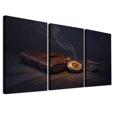 Livre en cuir et montre de poche avec fumée - Ensemble de 3 tableaux sur toile