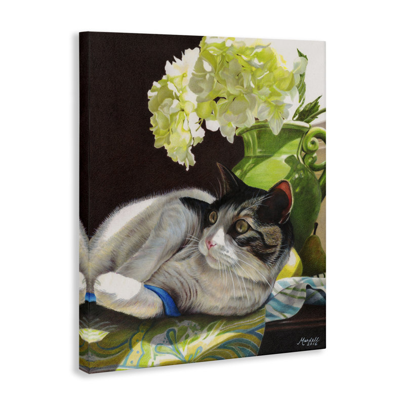 Chat et ruban bleu, art mural par Mardell Schuster, H 20 po x l 16 po