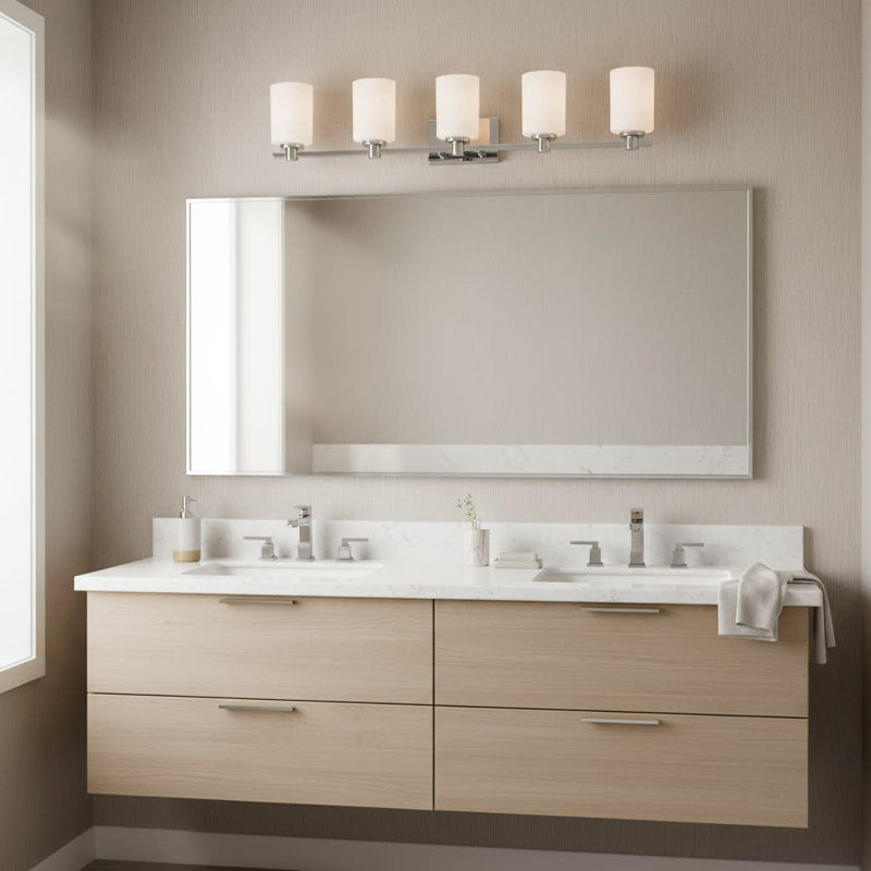 Karlie 5-Light Bath Vanity Fixture with Etched Cylindrical Shades, Chrome/Opal