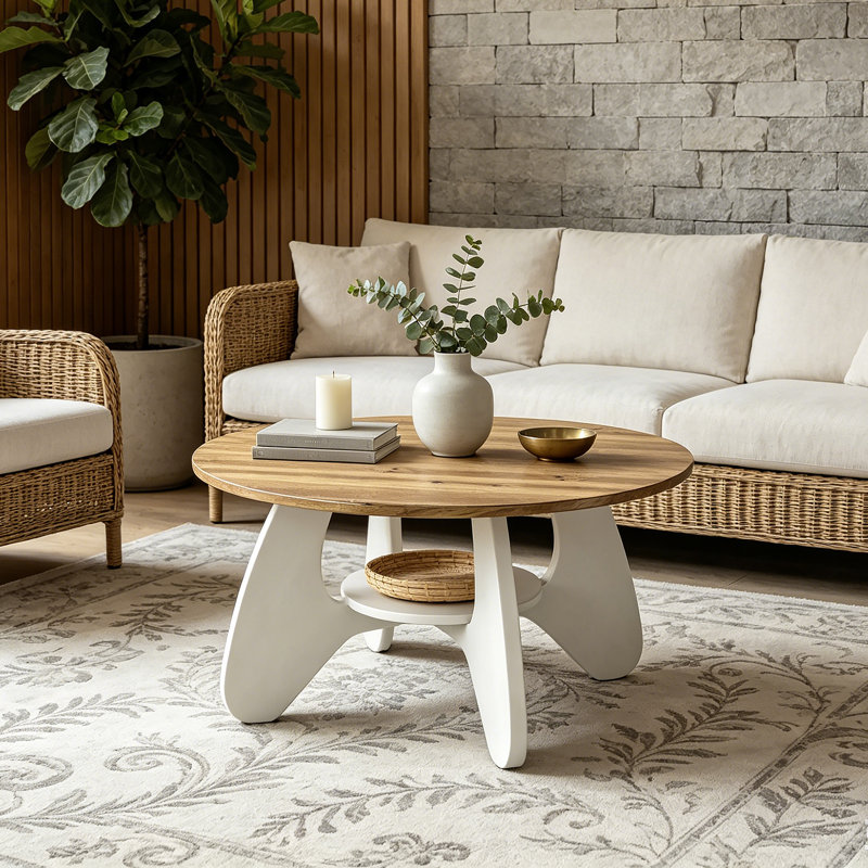 31.5" Circle Coffee Table for Living Room, 2-Tier Wood Accent Center Table with Open Storage, Oak/White