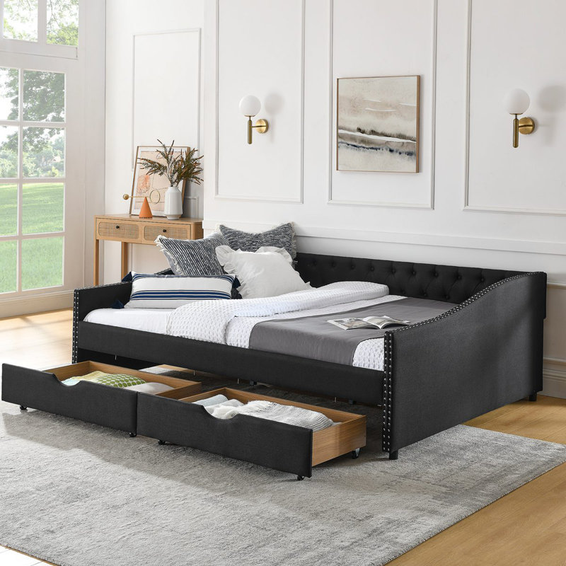 Modern Daybed With Drawers Upholstered Tufted Sofa Bed, With Button On Back And Copper Nail On Waved Shape Arms, Black, Queen