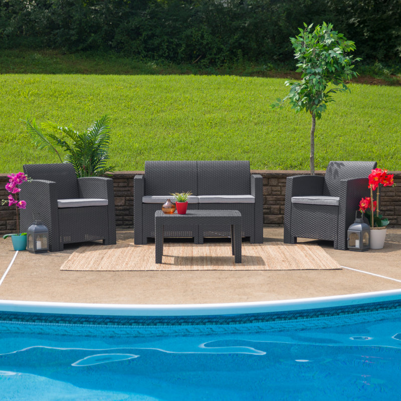 Alderman Faux Rattan Loveseat with All-Weather Cushions, Dark Gray