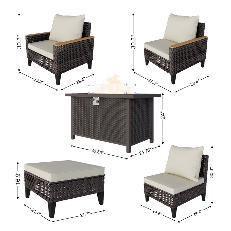 15 Pieces Patio Furniture Set With Fire Pit Table, Outdoor Conversation Sets Wicker Rattan Sectional Sofa, Beige
