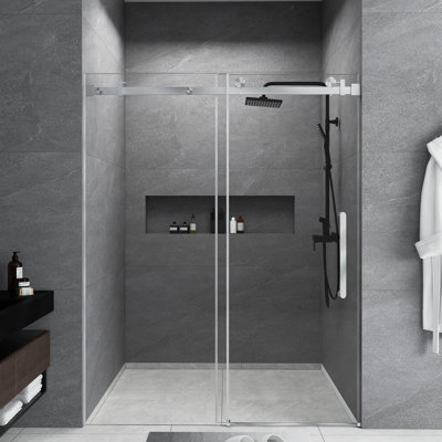 56-60 "W X 76" H Frameless | Single Sliding | Shower Door | 1/4 Inch Transparent Glass With Explosion Proof Film | Stainless Steel Handle | Square Tube Track | Brushed Nickel