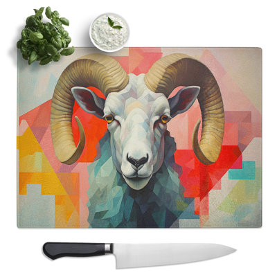 Ram Sheep Geometric  Glass Chopping Board