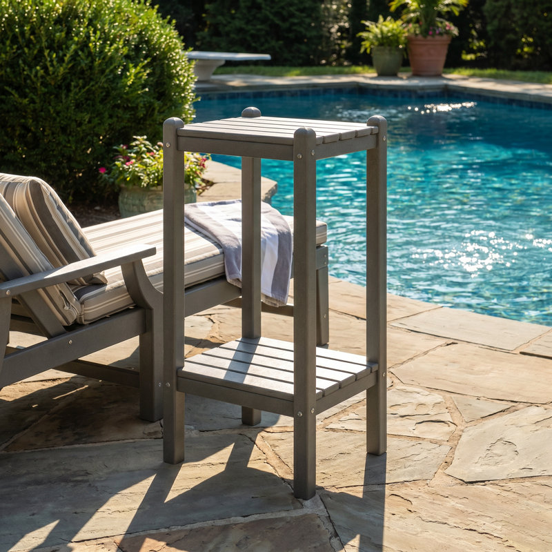 Outdoor HDPE Double-Layer Side Table – Gray Patio End Table With Storage Shelf, All-Weather, Low-Maintenance & Heavy-Duty Outdoor Table