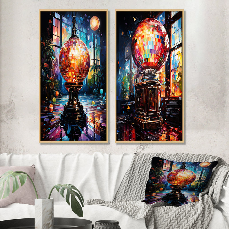 «Disco Ball Dreams I - Jukeboxes», ensemble d'art mural sur toile, Cadre flottant brun, H 40 po x l 41 po