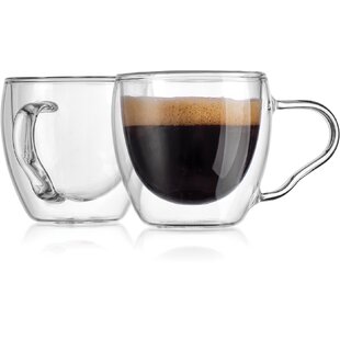 Glass Espresso Cups SET OF 2 with Handle (6.7 oz) Stylish Double Walled  Glass Coffee Mugs | Glass Tea Cups | Insulated Glasses, Durable | VAHDAM