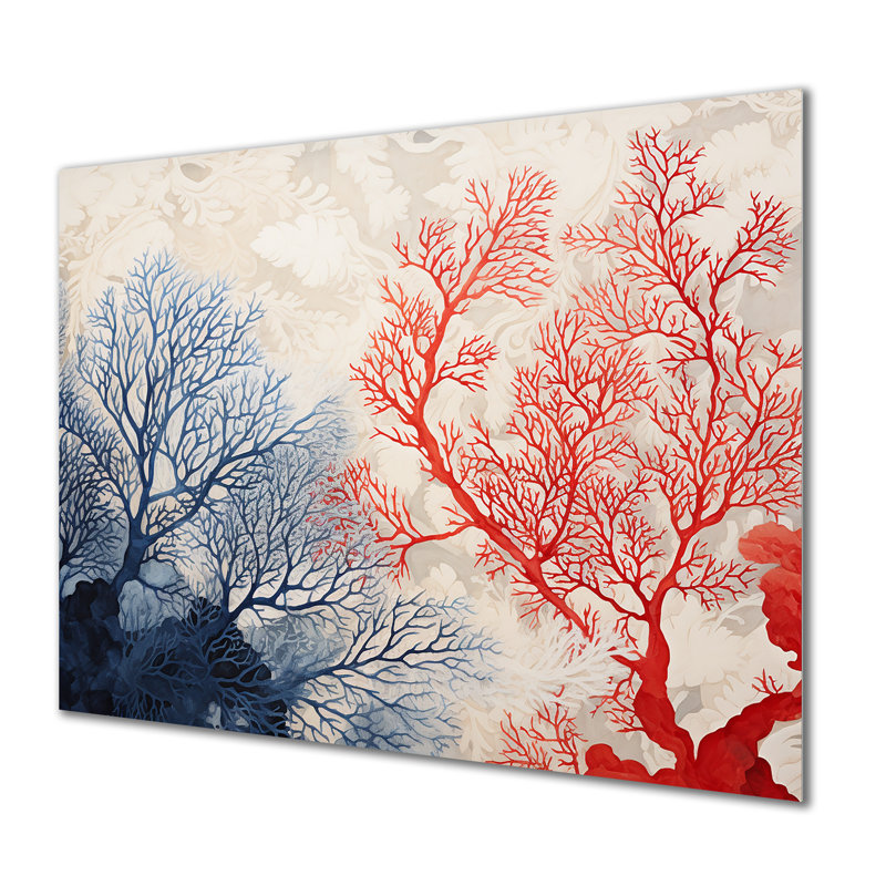 Rouge et bleu océan profond corail Illustration rétro - art mural corail, Sans cadre, H 30 po x l 40 po