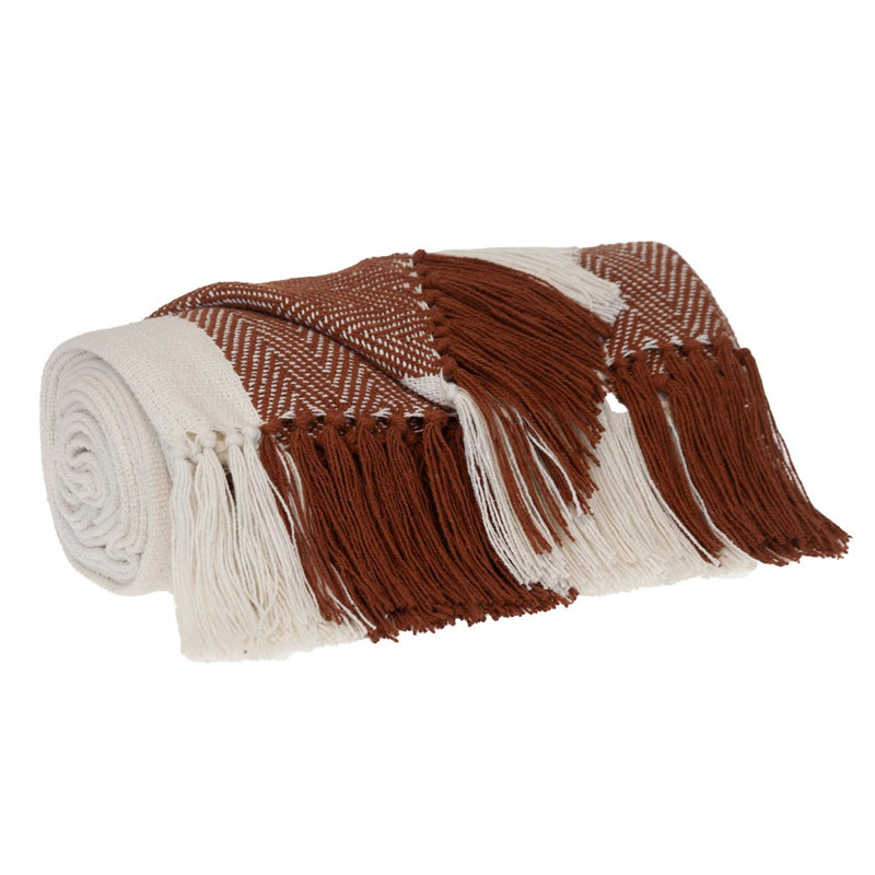 Jeté rayé en coton tissé, Brun / rayures blanches