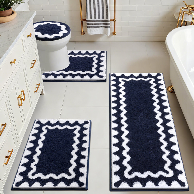 Absorbent Non-Slip Washable Bath Mat Bathroom Rug(Set of 4), Blue Geometric